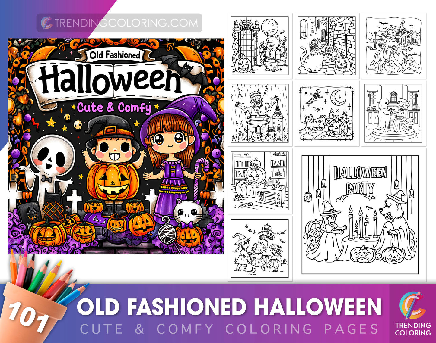 101 Old Fashioned Halloween Cute & Comfy Coloring Pages - Instant Download - Printable PDF