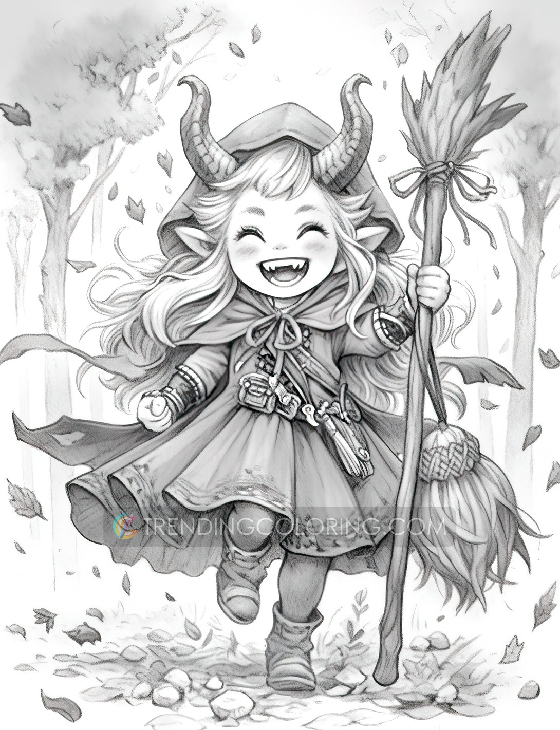 25 Little Devil Girls Grayscale Coloring Pages - Halloween