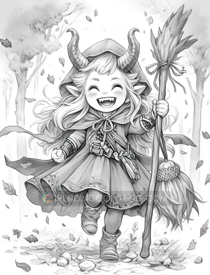 25 Kleine Teufelsmädchen Graustufen Malvorlagen - Halloween Ausmalen - Sofortiger Download - Druckbare PDF Dunkel/Hell