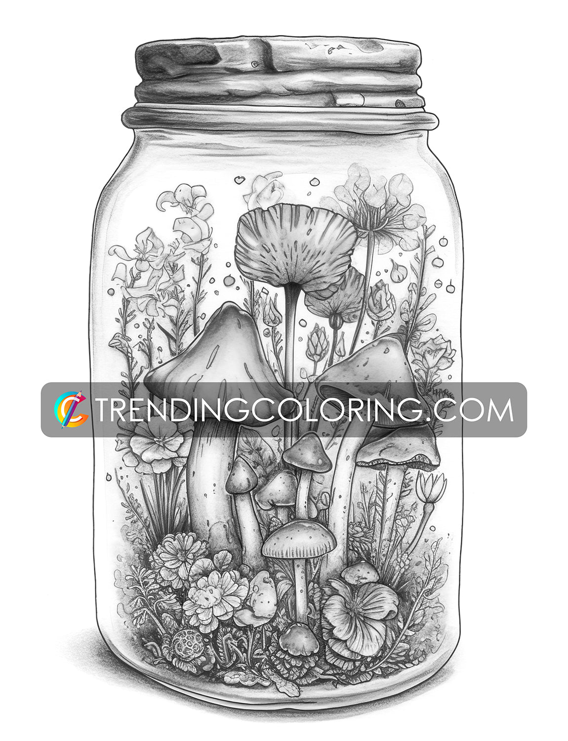 25 Mushroom Forest In Jar Grayscale Coloring Pages - Instant Download - Printable PDF Dark/Light