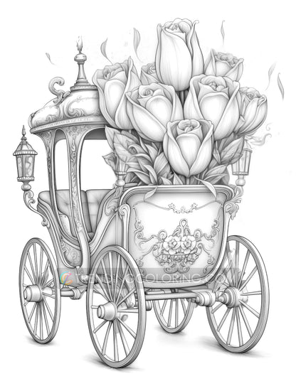 25 Florale Wagen Graustufen Ausmalbilder - Sofortiger Download, Dunkel/Hell Illustration - Druckbare PDF