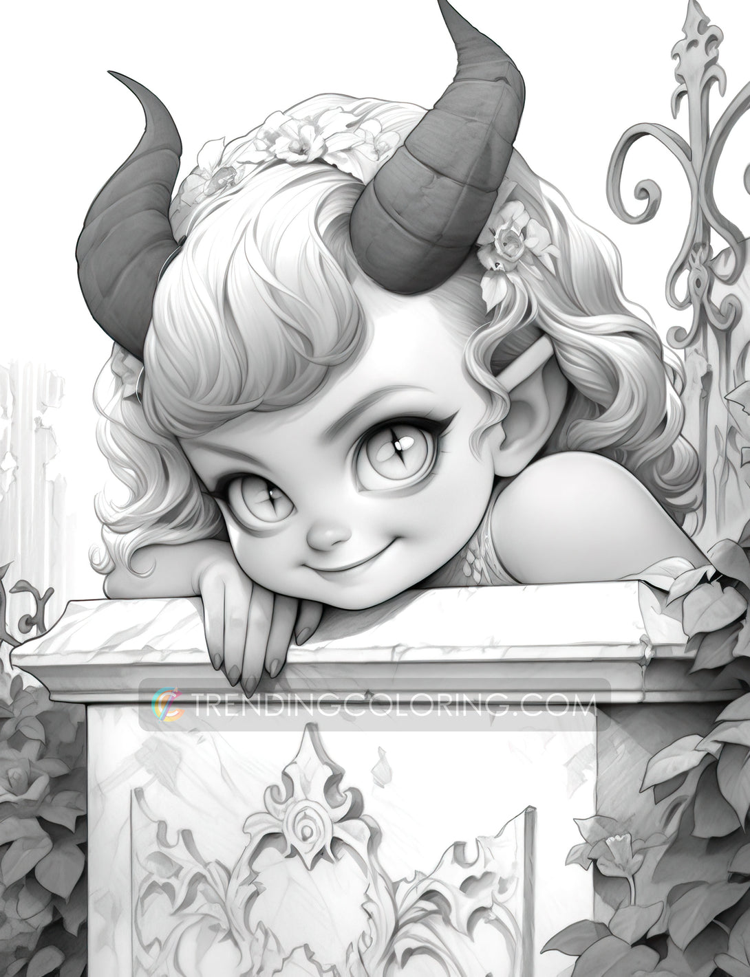 25 Little Devil Girls Grayscale Coloring Pages - Halloween