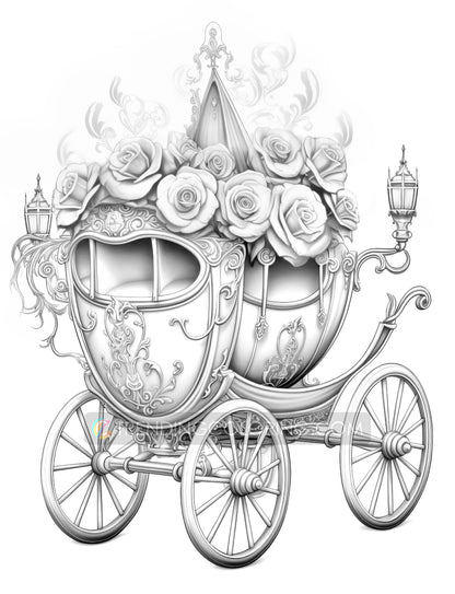 25 Florale Wagen Graustufen Ausmalbilder - Sofortiger Download, Dunkel/Hell Illustration - Druckbare PDF