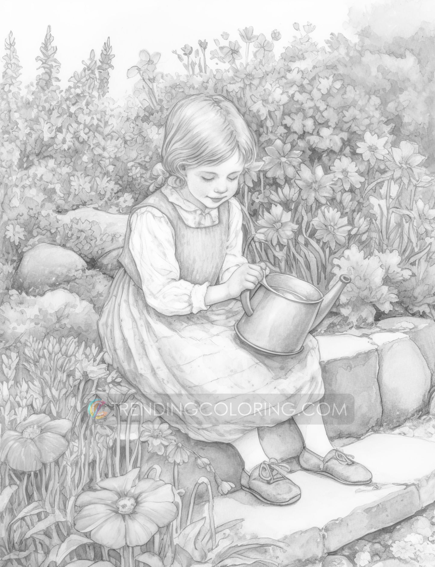 25 Little Girl In Garden Grayscale Coloring Pages - Instant Download - Printable PDF Dark/Light
