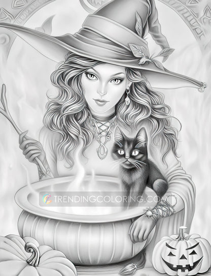 25 Halloween Hexen Graustufen Malvorlagen - Halloween Ausmalen - Sofortiger Download - Druckbare PDF Dunkel/Hell