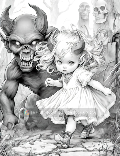 25 Kleine Teufelsmädchen Graustufen Malvorlagen - Halloween Ausmalen - Sofortiger Download - Druckbare PDF Dunkel/Hell