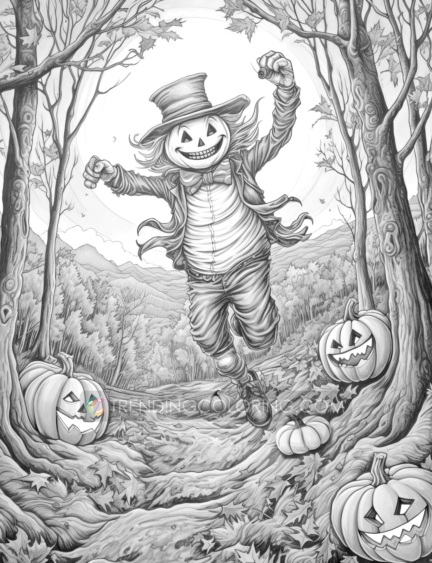 25 Scarecrow’s Adventure Grayscale Coloring Pages  - Instant Download - Printable PDF Dark/Light