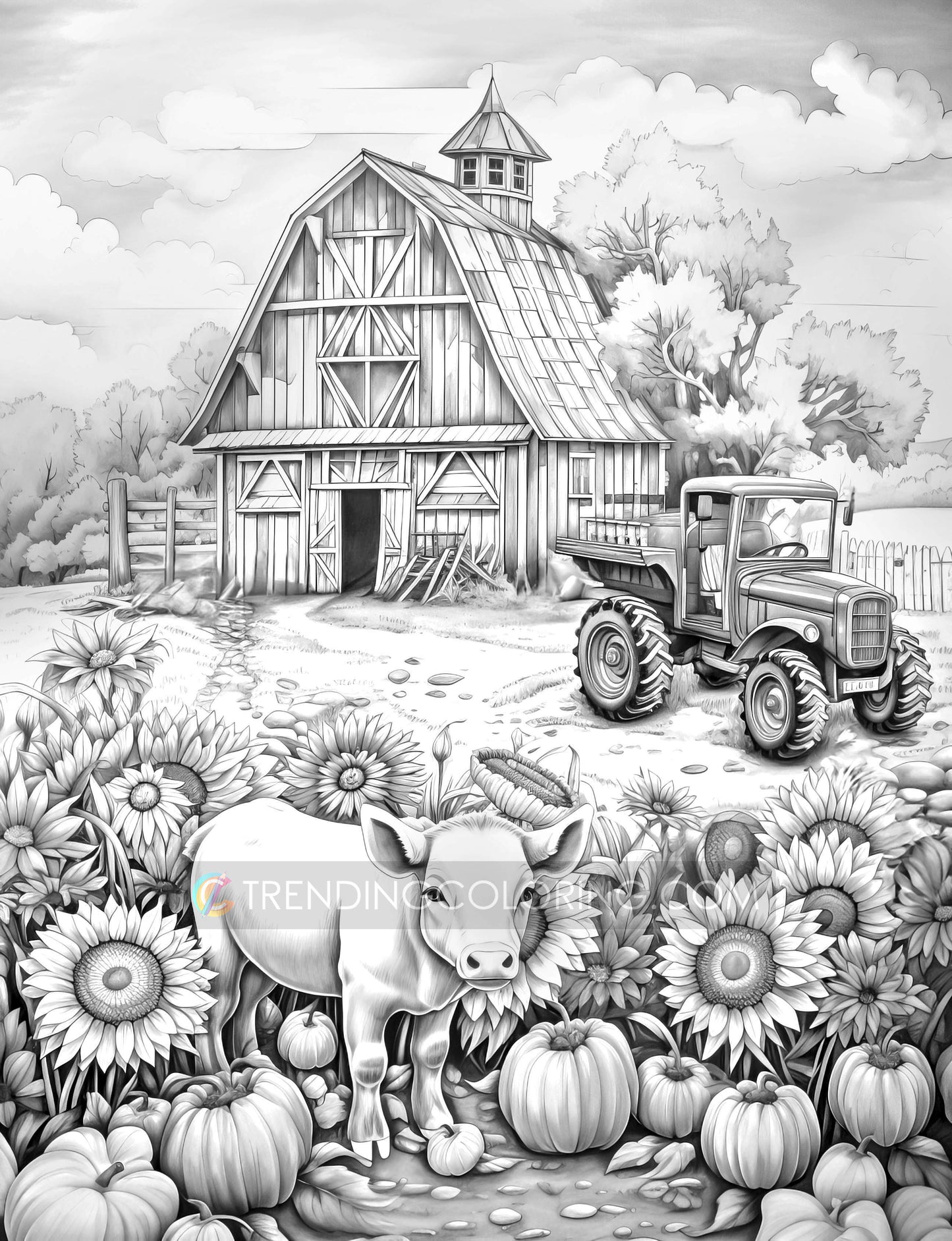 50 Autumn Farmland Grayscale Coloring Pages - Instant Download - Printable PDF Dark/Light