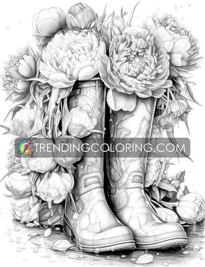 25 Blühende Stiefel Graustufen Ausmalbilder - Sofortiger Download - Druckbare PDF