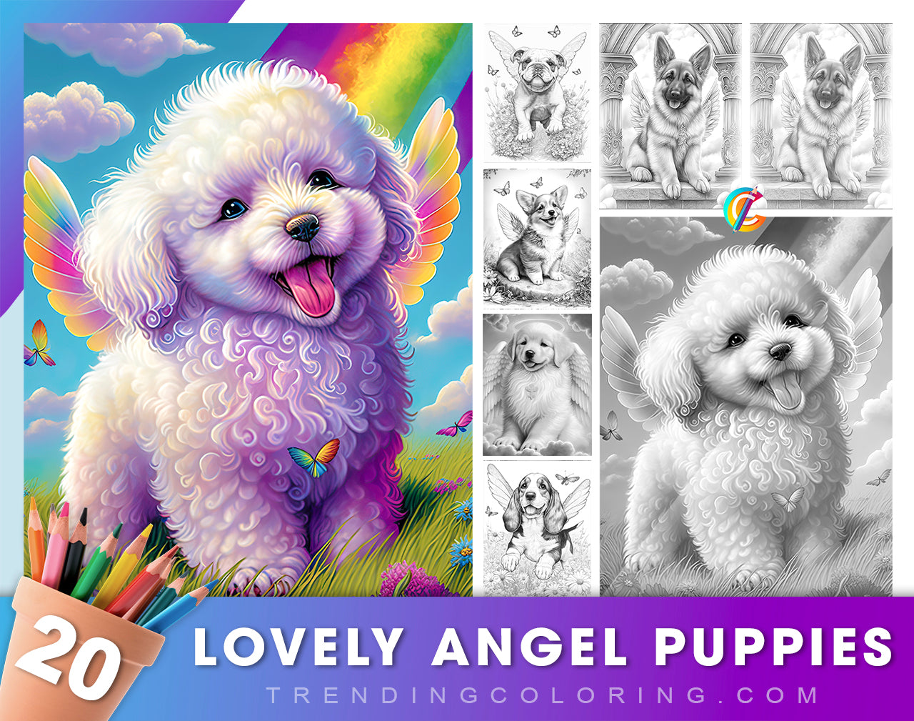 20 Lovely Angel Puppies Grayscale Coloring Pages - Instant Download - Printable Dark/Light