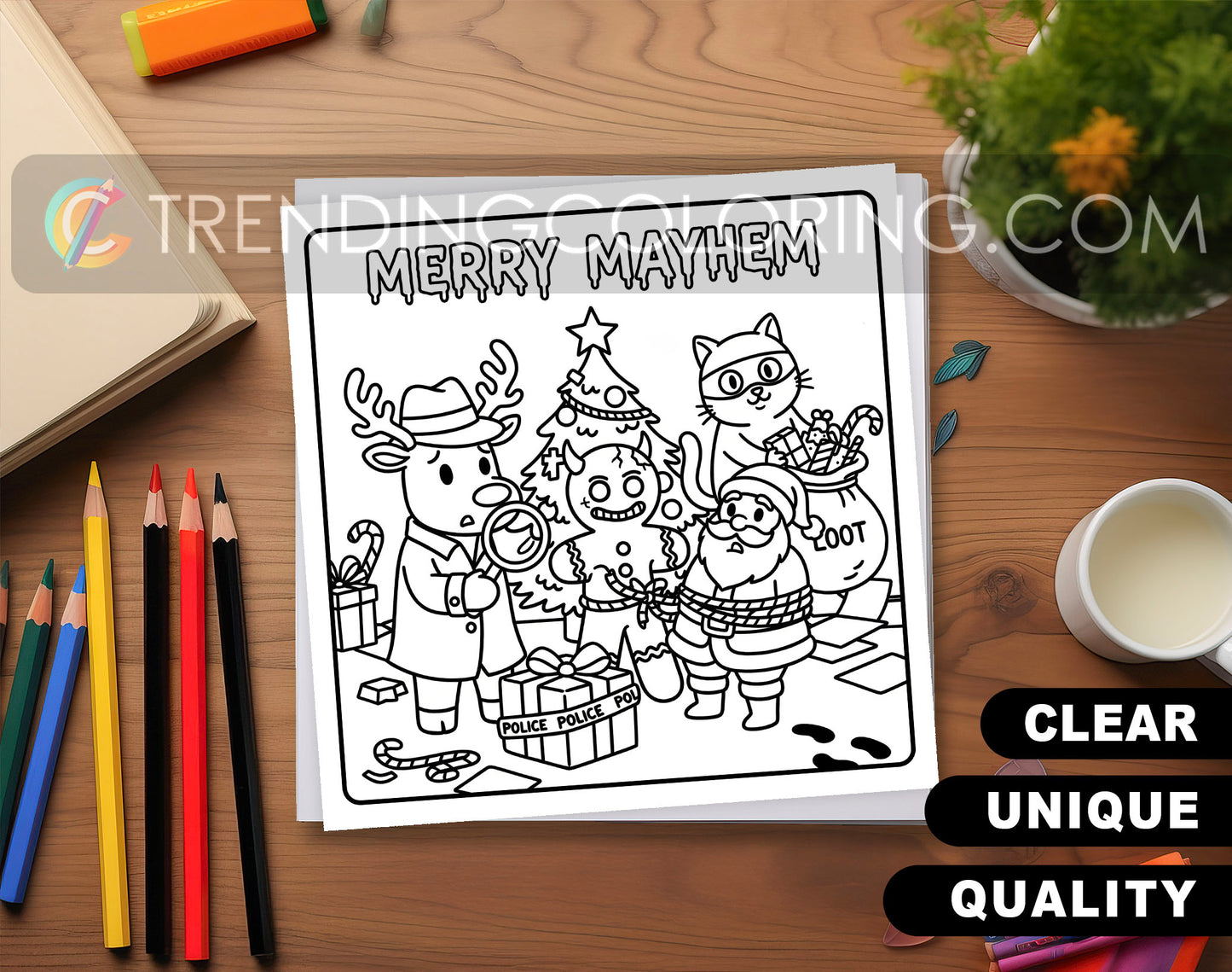 20 Cozy Christmas Crime Scenes Cute and Simple Coloring Pages - PDF Download – preview 2