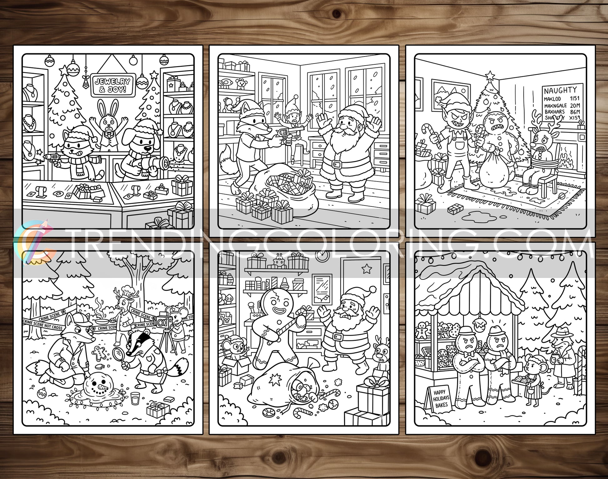 20 Cozy Christmas Crime Scenes Cute and Simple Coloring Pages - PDF Download – preview 3