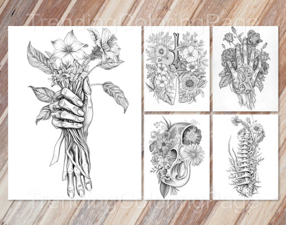 20 Floral Anatomy Grayscale Coloring Pages - Instant Download - Printable PDF Dark/Light – preview 7