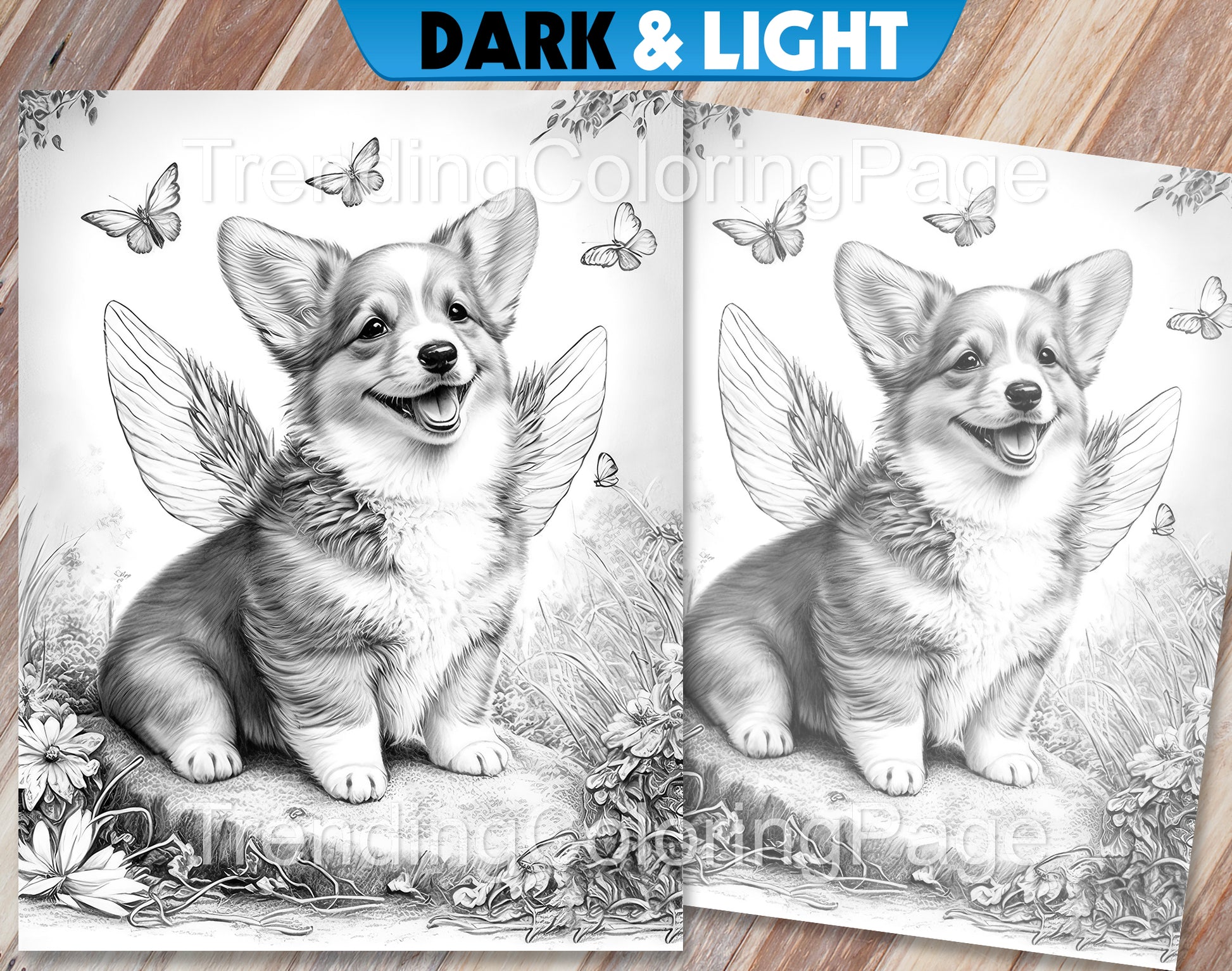 20 Angel Puppies Grayscale Coloring Pages - PDF Download (Dark/Light) – preview 3