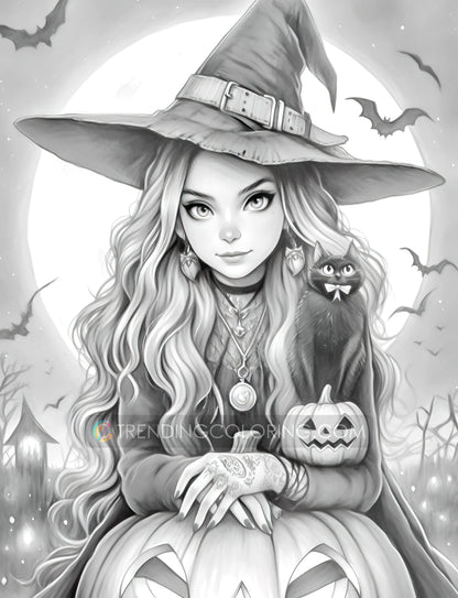 25 Halloween Hexen Graustufen Malvorlagen - Halloween Ausmalen - Sofortiger Download - Druckbare PDF Dunkel/Hell