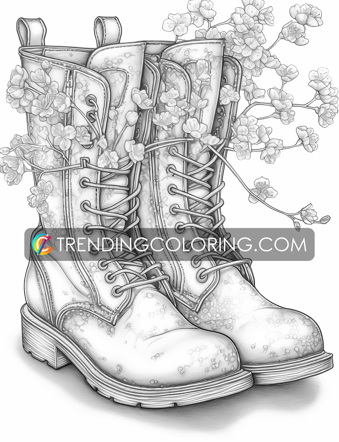 25 Blooming Boots Grayscale Coloring Pages - Instant Download - Printable PDF