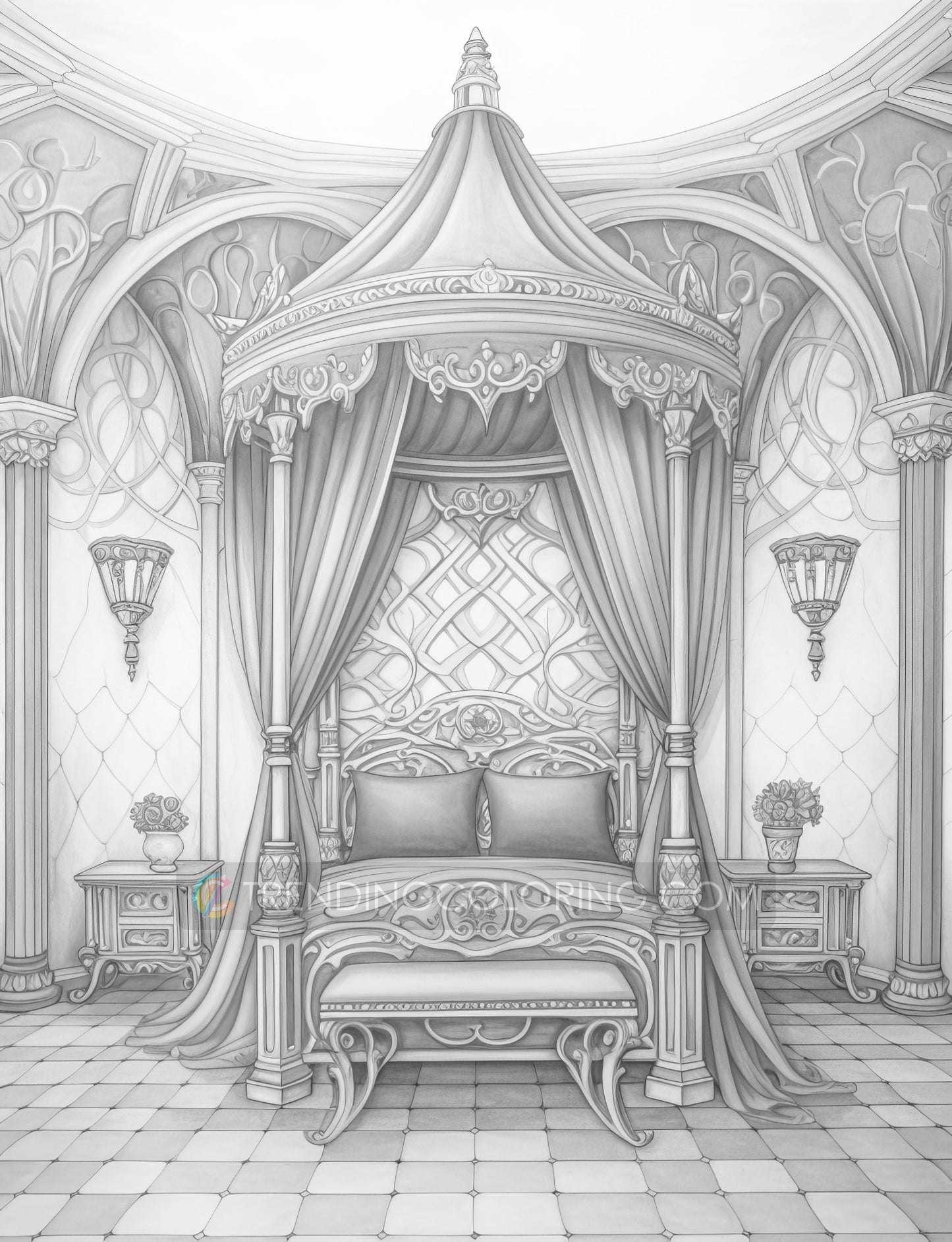 25 Princess Bed Grayscale Coloring Pages - Instant Download - Printable PDF Dark/Light