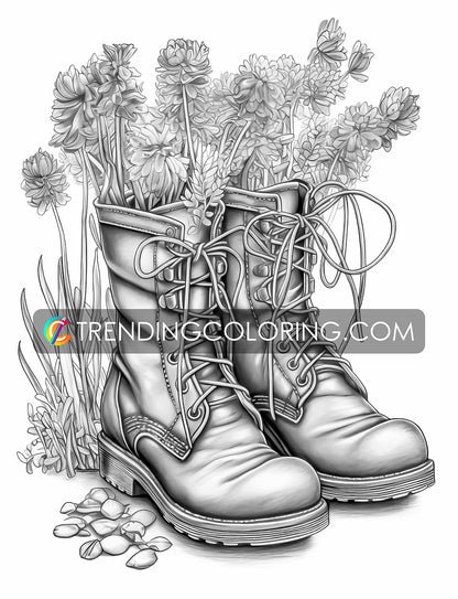 25 Blühende Stiefel Graustufen Ausmalbilder - Sofortiger Download - Druckbare PDF