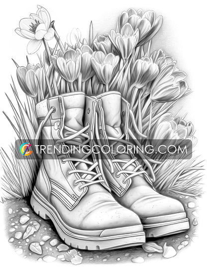 25 Blühende Stiefel Graustufen Ausmalbilder - Sofortiger Download - Druckbare PDF