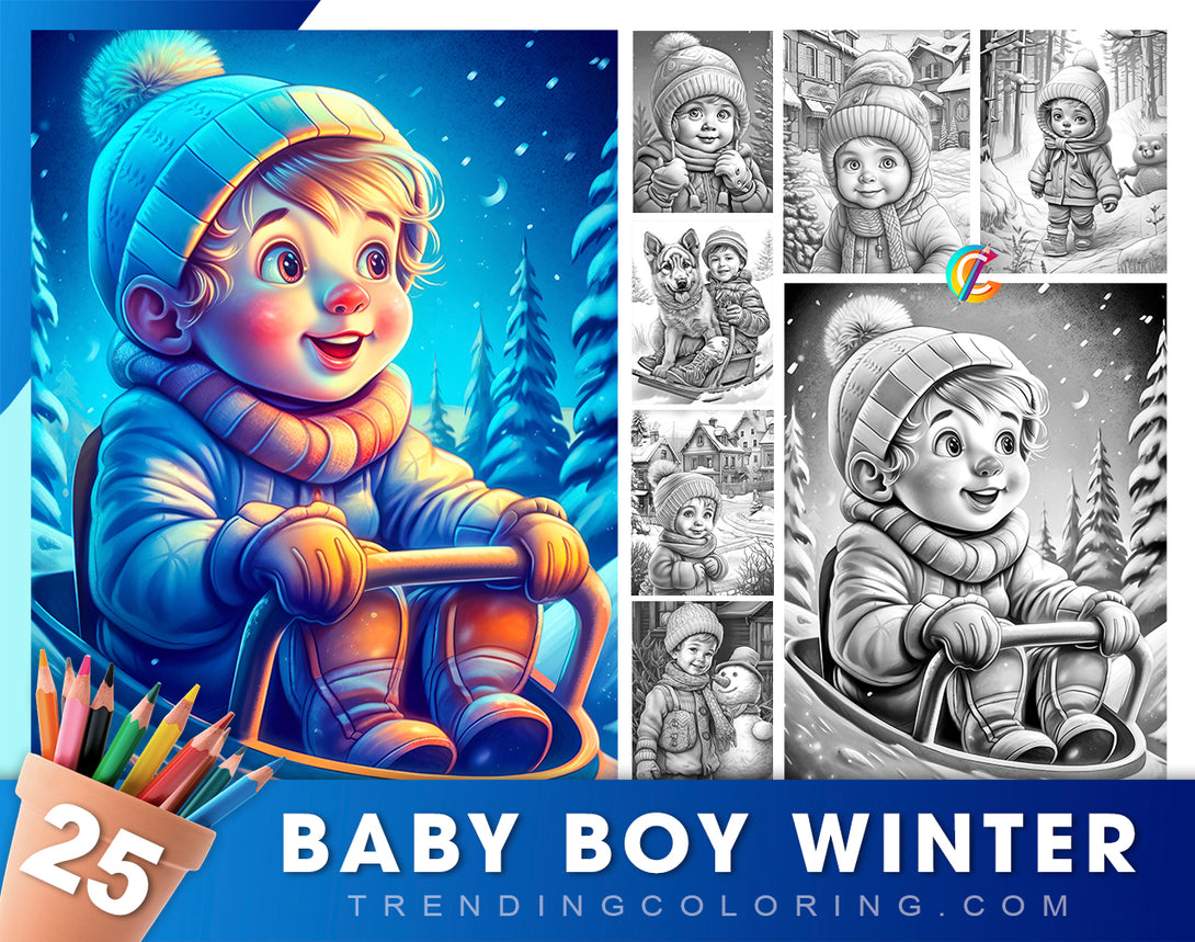 25 Baby Boy Winter Grayscale Coloring Pages - Instant Download - Printable Dark/Light PDF