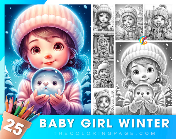 25 Baby Girl Winter Grayscale Coloring Pages - Instant Download - Printable