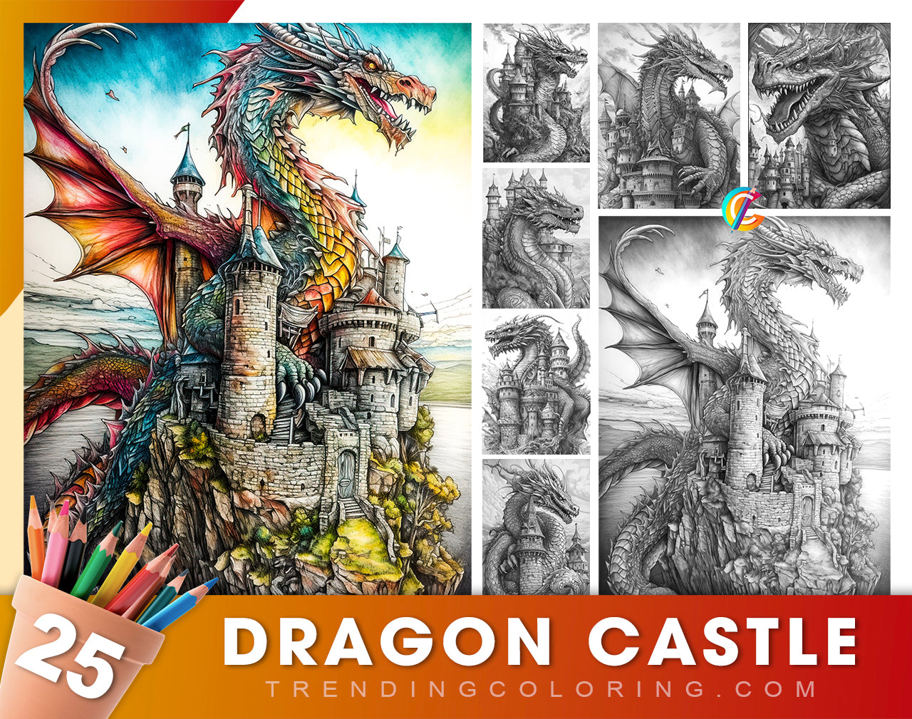 25 Dragon Castle Grayscale Coloring Pages - Instant Download - Printable Dark/Light