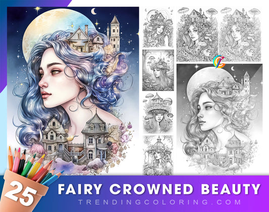 25 Fairy Crowned Beauty Grayscale Coloring Pages - Instant Download - Printable Dark/Light PDF