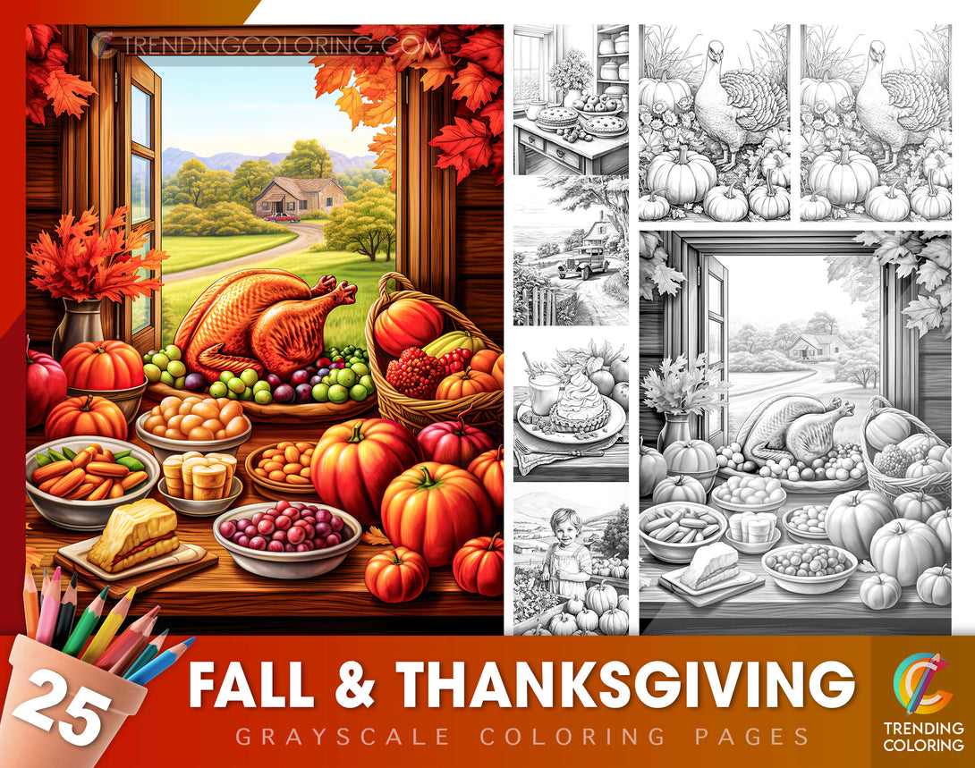 25 Fall & Thanksgiving Grayscale Coloring Pages - Instant Download - Printable Dark/Light PDF