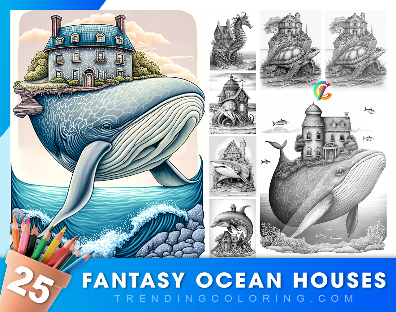 25 Fantasy Ocean Houses Grayscale Coloring Pages - Instant Download - Printable Dark/Light