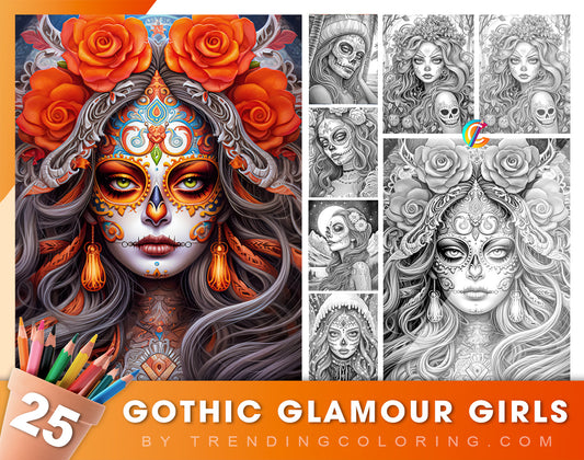 25 Gothic Glamour Girl Grayscale Coloring Pages - Instant Download - Printable PDF Dark/Light