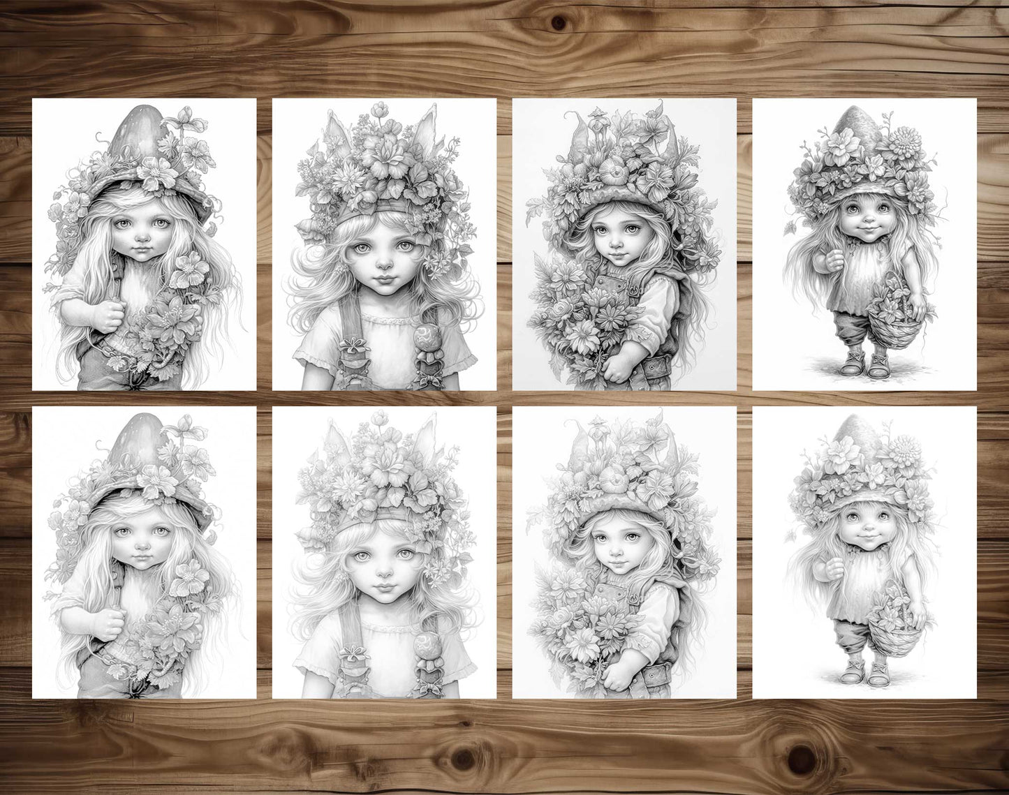 25 Adorable Gnome Girls Grayscale Coloring Pages - Instant Download - Printable Dark/Light