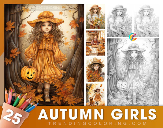 25 Autumn Girls Grayscale Coloring Pages - Instant Download - Printable Dark/Light