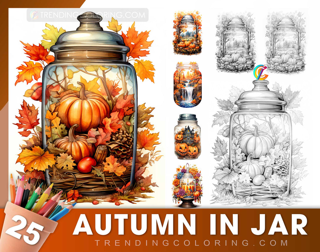 Autumn In Jar Grayscale Coloring Pages