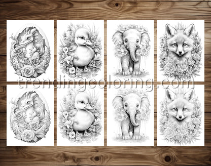25 Baby Cute Animal Grayscale Coloring Pages - Instant Download - Printable PDF