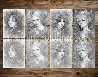 25 Beauty Queen Grayscale Coloring Pages - Instant Download - Printable PDF