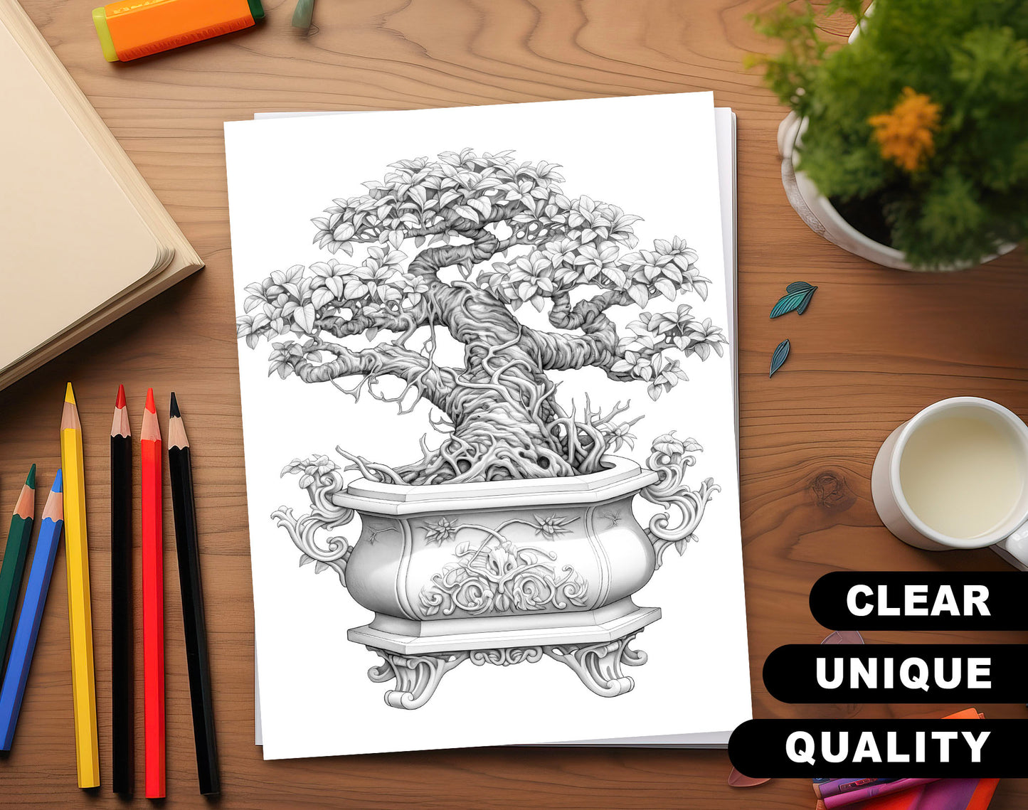 25 Bonsai Tree Grayscale Coloring Pages - Instant Download - Printable PDF Dark/Light