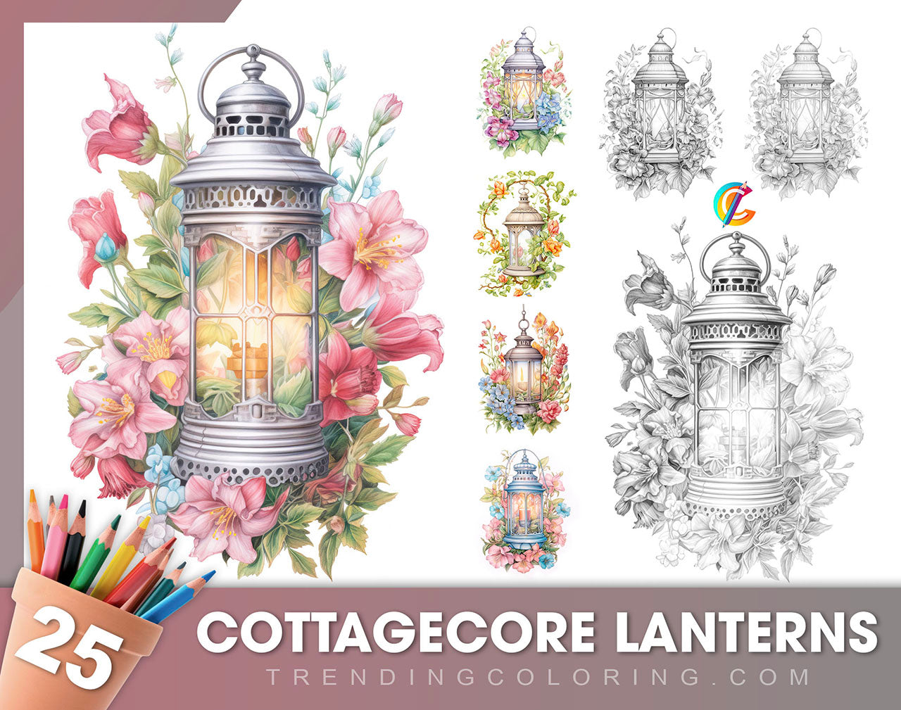 25 Cottagecore Lanterns Grayscale Coloring Pages - Instant Download - Printable Dark/Light