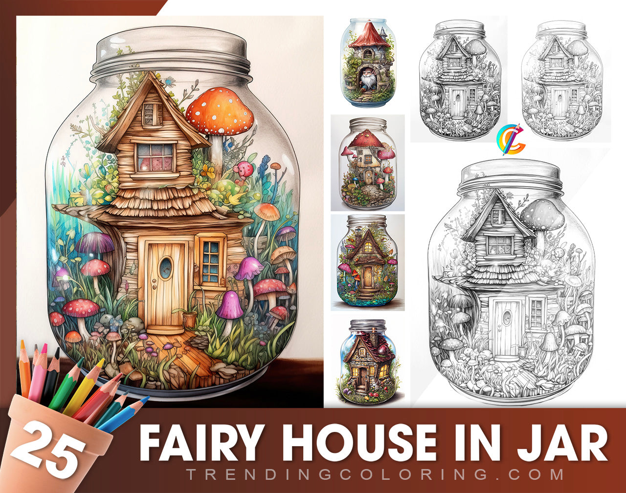 25 Fairy House In Jar Grayscale Coloring Pages - Instant Download - Printable PDF Dark/Light