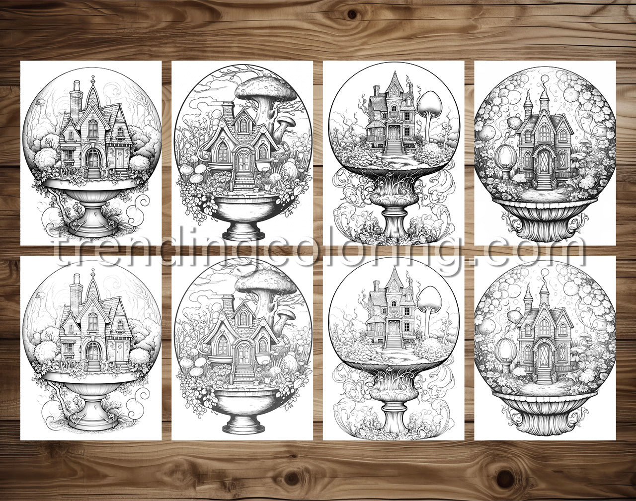 25 Fairy House In Magic Ball Grayscale Coloring Pages - Instant Download - Printable PDF Dark/Light