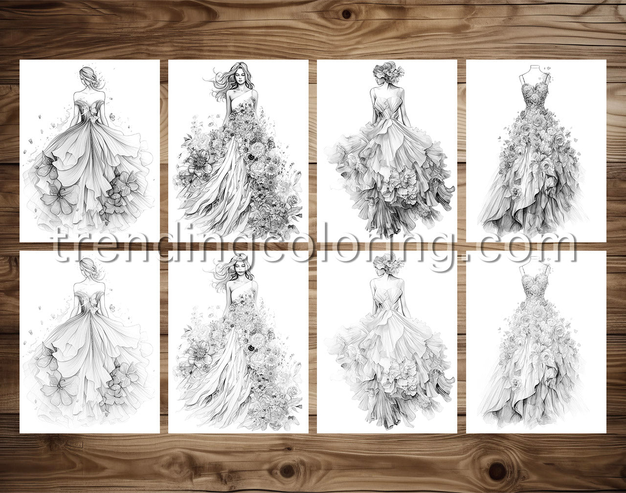 25 Floral Dress Grayscale Coloring Pages  - Instant Download - Printable PDF Dark/Light
