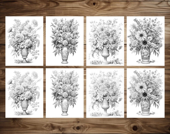 25 Flower Vases Grayscale Coloring Pages - Instant Download - Printabl ...
