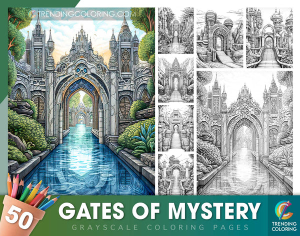 50 Gates Of Mystery Grayscale Coloring Pages - Instant Download - Printable Dark/Light