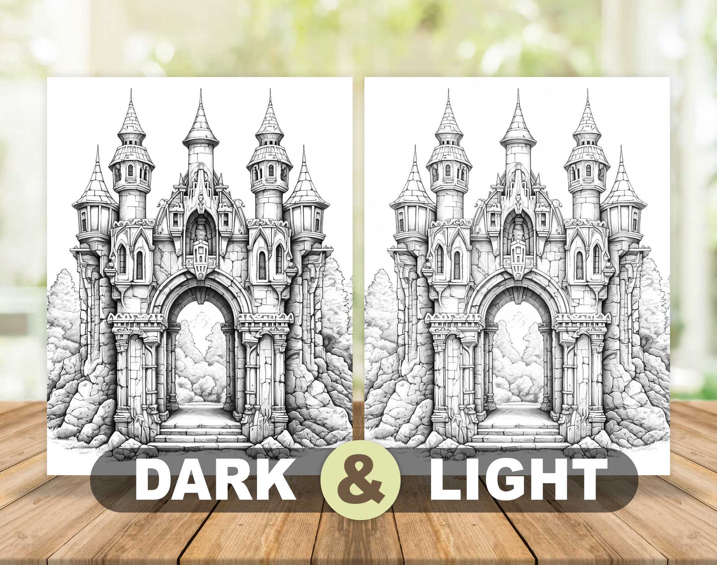 50 Gates Of Mystery Grayscale Coloring Pages - Instant Download - Printable PDF Dark/Light