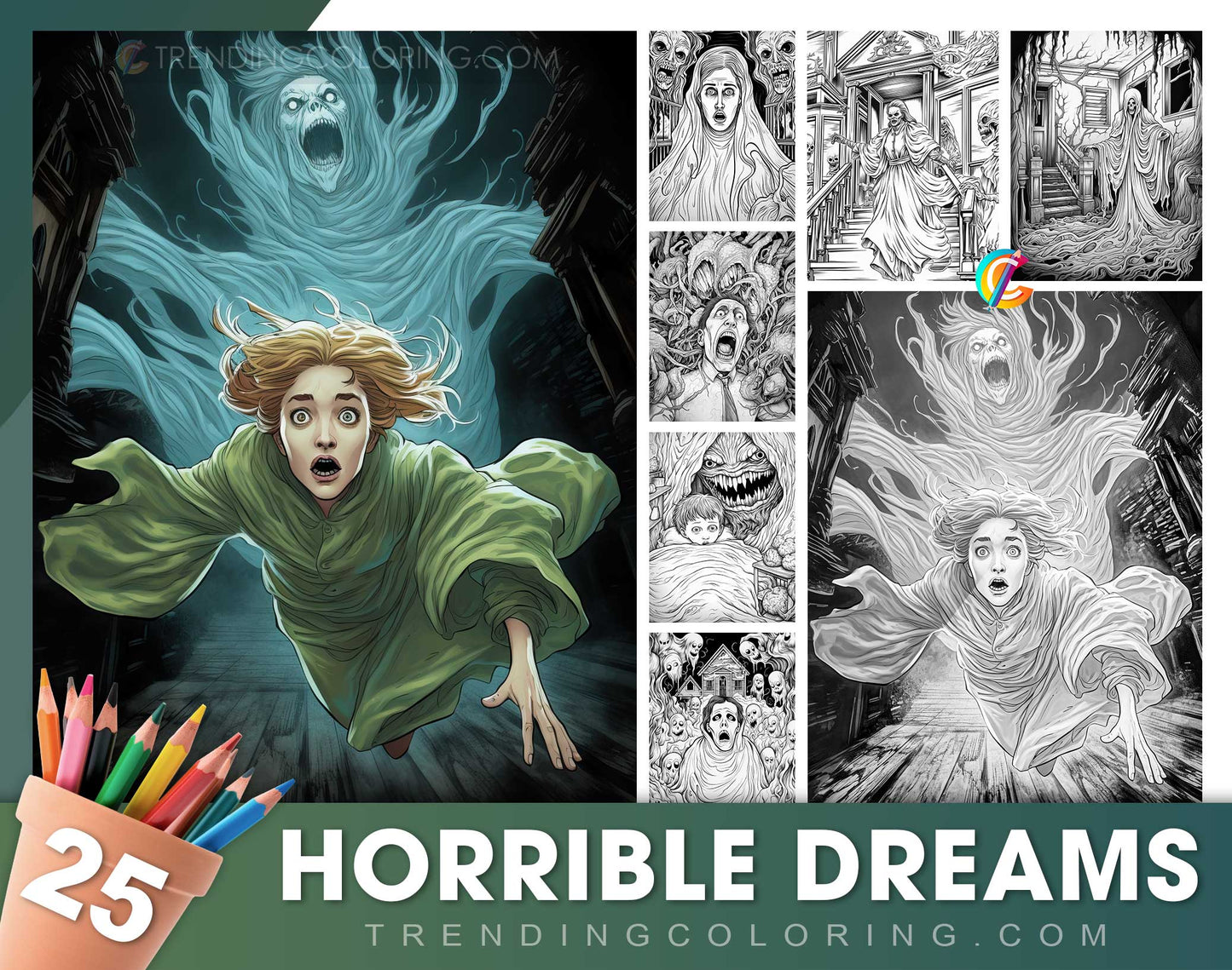 25 Horrible Dream Grayscale Coloring Pages - Halloween Coloring - Instant Download - Printable PDF Dark/Light