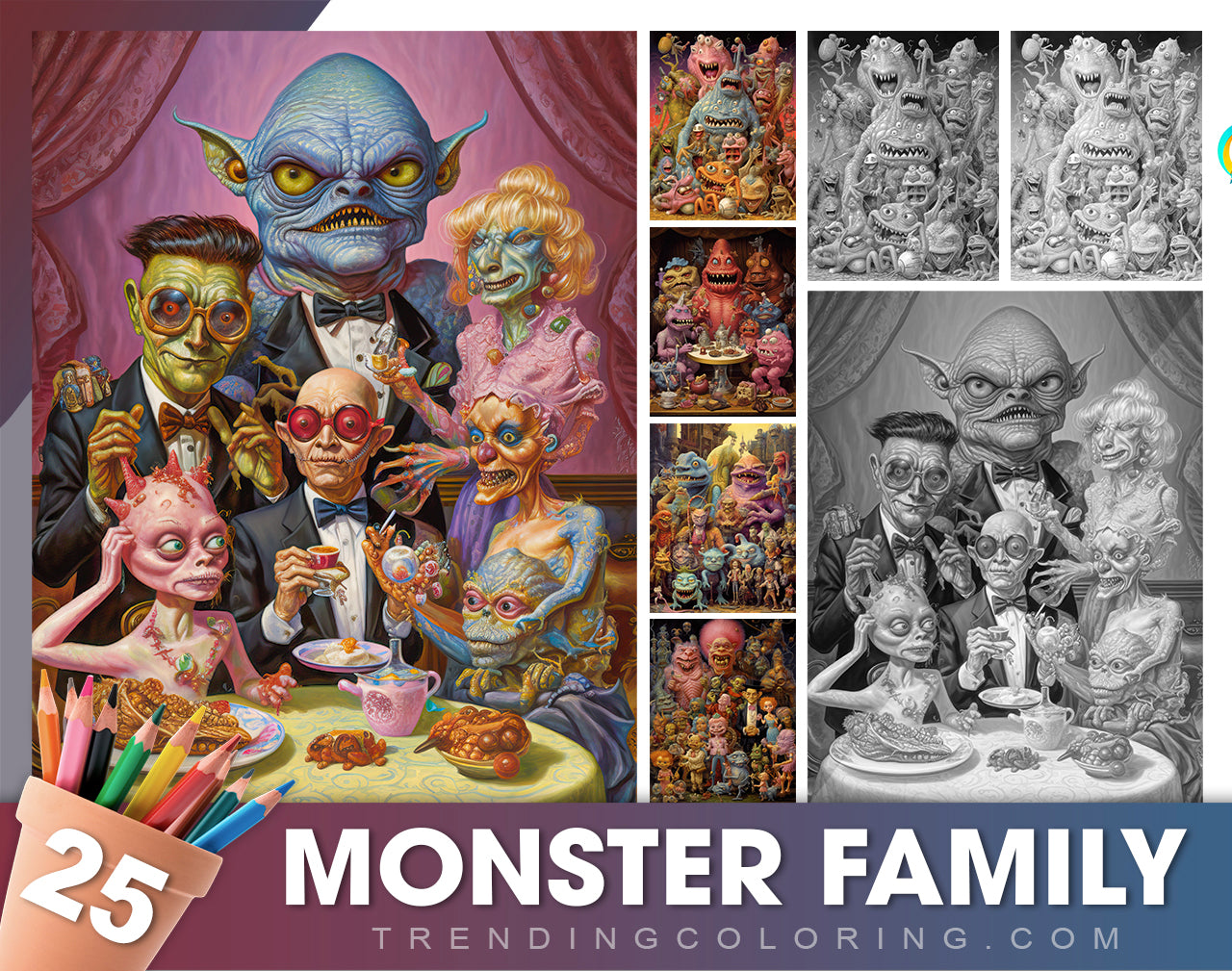 25 Monster Family Grayscale Coloring Pages  - Instant Download - Printable PDF