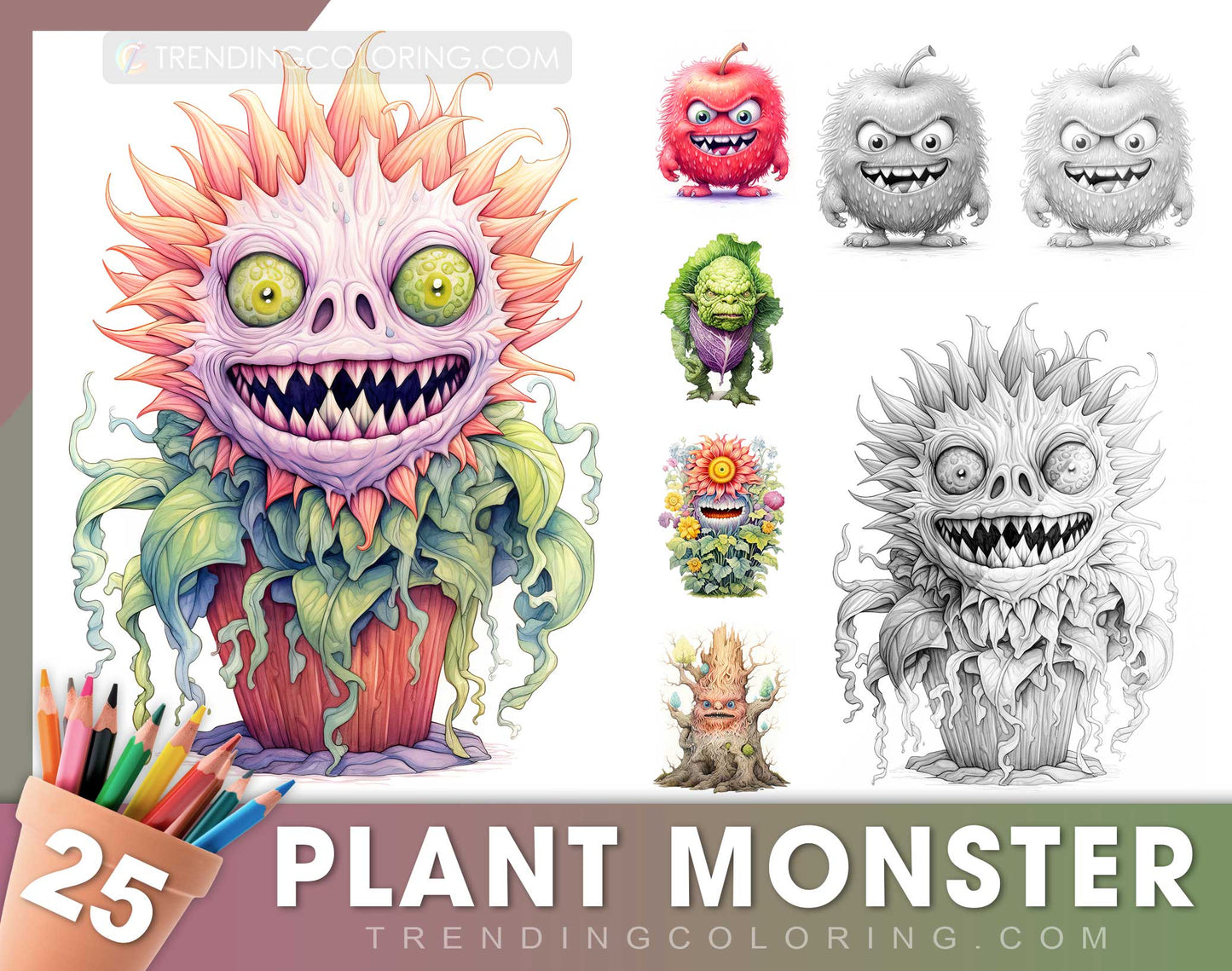 25 Plant Monster Grayscale Coloring Pages - Halloween Coloring - Instant Download - Printable PDF Dark/Light