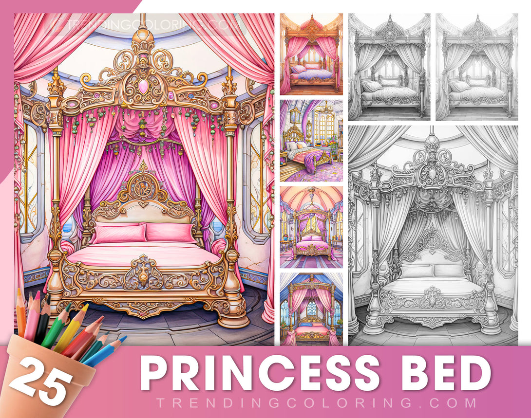 25 Princess Bed Grayscale Coloring Pages - Instant Download - Printable Dark/Light PDF