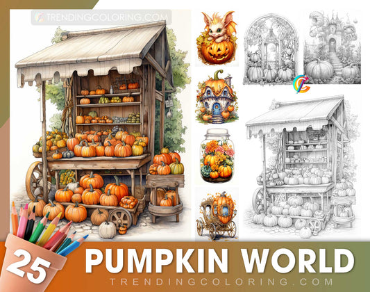 25 Pumpkin World Grayscale Coloring Pages - Instant Download - Printable PDF Dark/Light