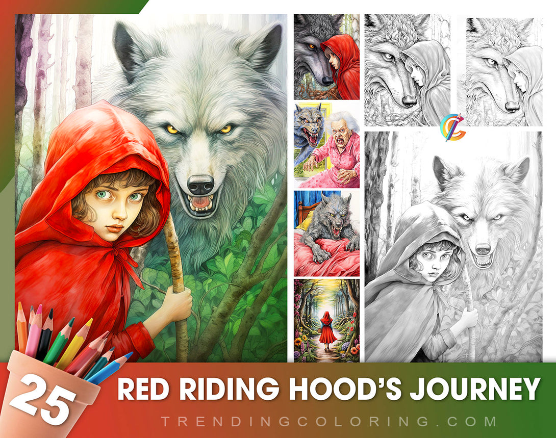 Red Riding Hood's Journey Grayscale Coloring Pages for Adults