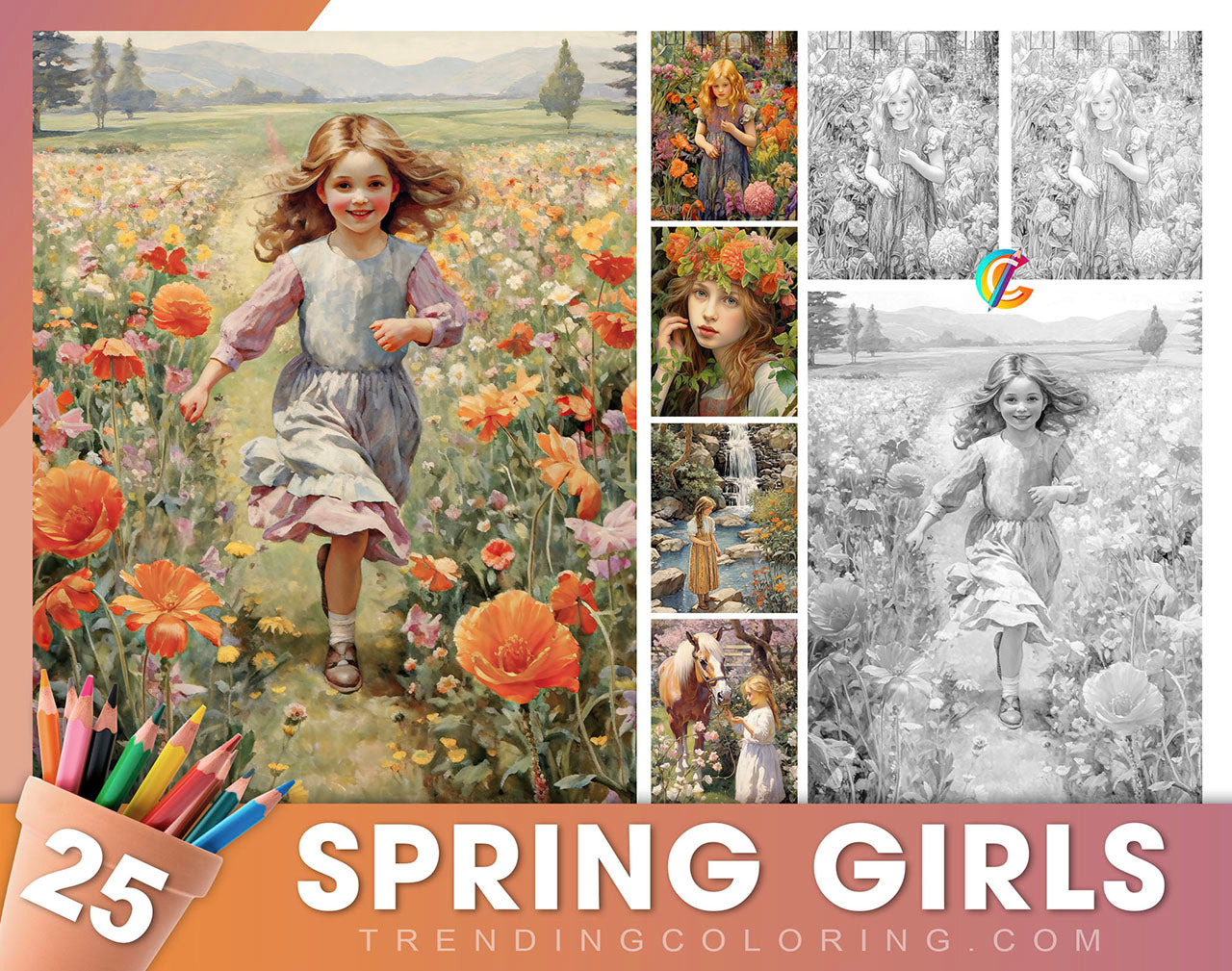 25 Spring Girls Grayscale Coloring Pages - Instant Download - Printable Dark/Light